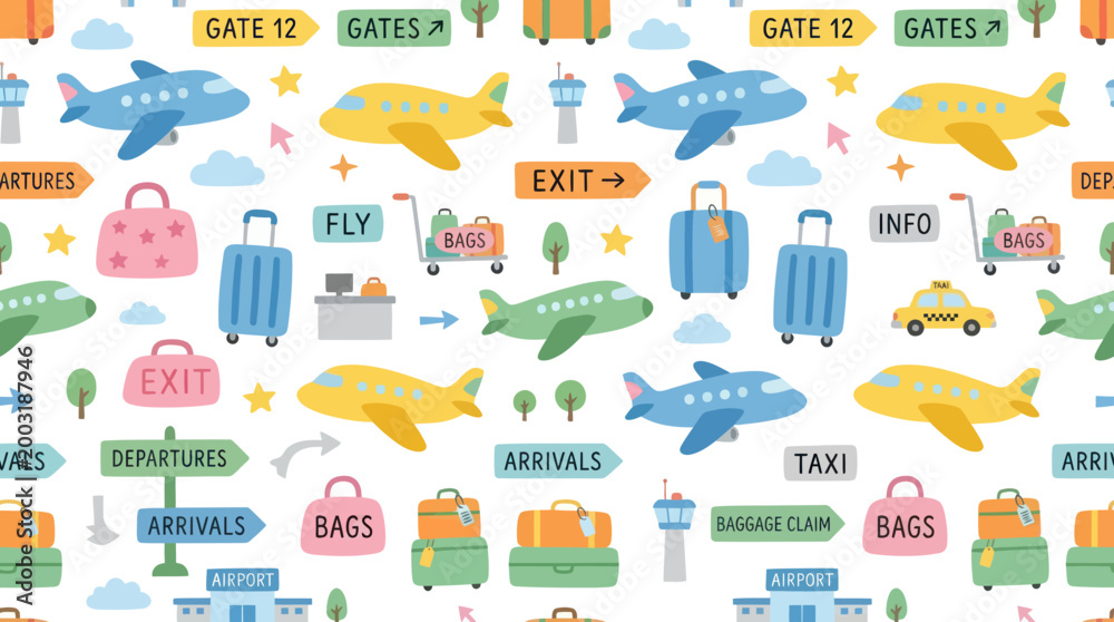 Fototapeta premium Flat Design Airport Pattern with Airplanes and Luggage, Travel Theme