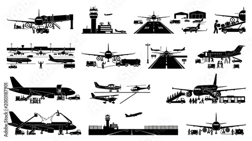 Airport and Aviation Silhouettes: Planes, Control Tower, Ground Crew, Cargo