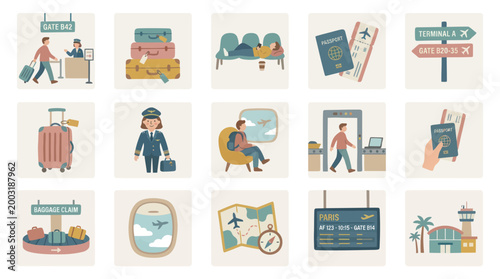 Flat Vector Airport Travel Icons Set - Aviation Concepts, Passengers  Flight Elements