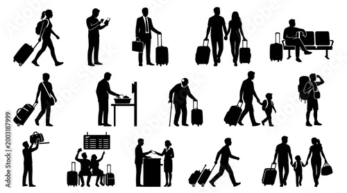 Travel  Tourism Silhouette Vector Icons: People, Families, Luggage, Airport Scenes