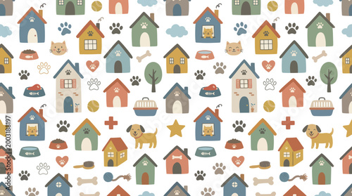 Cute Dog House Pet Animal Seamless Pattern Flat Vector Art