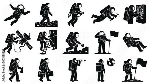 Space Exploration Astronaut Glyph Icon Set - Black  White Silhouette Vector