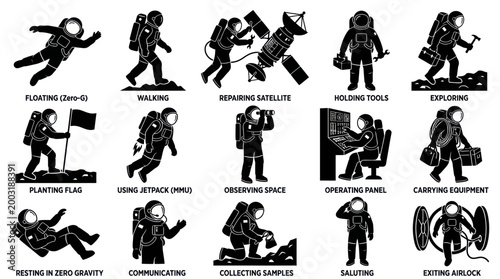 Astronaut Icons: Space Exploration Activities - Black and White Vector Art