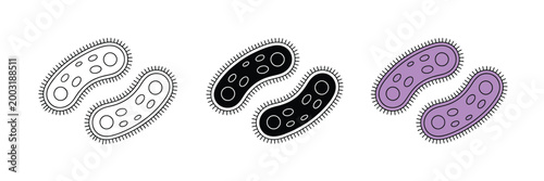Bacteria virus icon featuring microscopic germ shapes in line art black and purple vector styles for healthcare hygiene and biology research