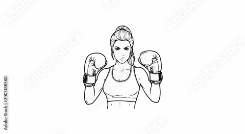 Woman boxer in fighting stance with boxing gloves and ponytail