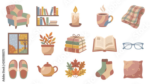 Cozy Autumn Hygge Flat Icons: Armchair, Books, Candle, Tea, Socks, Blanket
