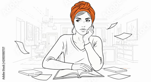 Woman in orange headscarf sits at desk, reading with papers flying around