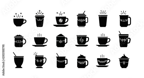 Set of fifteen flat black icons featuring stylized cups and mugs with decorative swirl patterns and festive star elements for hot beverages and coffee service