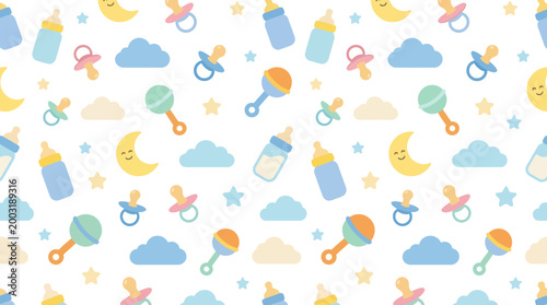 Flat Seamless Baby Accessories Pattern for Newborn Nursery and Childhood Backgrounds Vector
