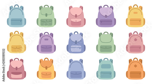 Flat Design Colorful Backpacks Collection, Education Vector Icons