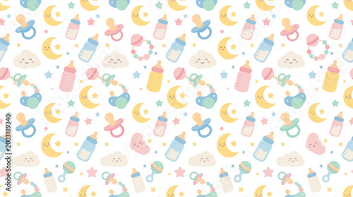 Cute Baby Nursery Seamless Pattern with Flat Cartoon Pacifiers, Bottles, Rattles, Moons, and Clouds