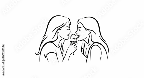 Two women sharing an ice cream cone with a licking tongue