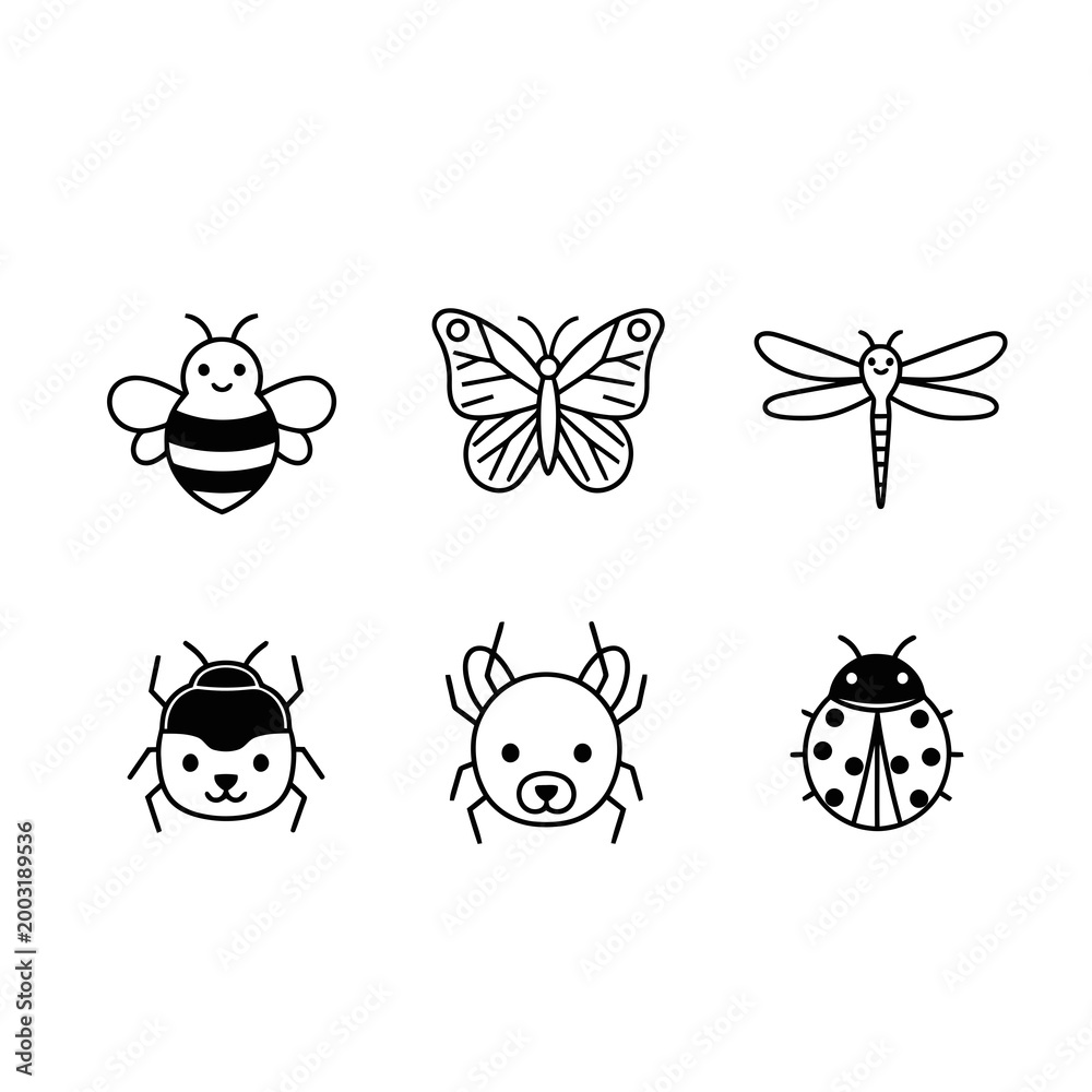 Fototapeta premium Cute insect icons with smiling faces