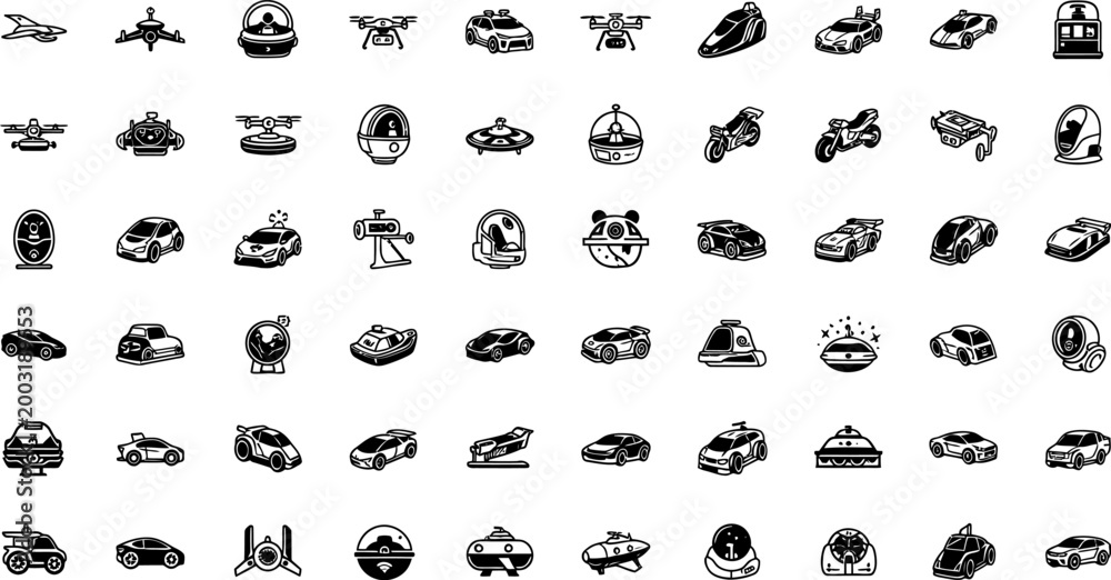 Fototapeta premium Set of black transportation featuring various futuristic vehicles, drones, and motorbikes