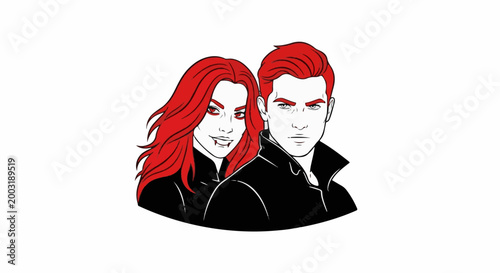Vampire couple with striking red hair and piercing eyes
