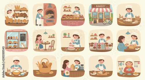 Bakery and Baking Flat Illustration Set: Cute Cartoon Bakers, Bread  Pastries Collection