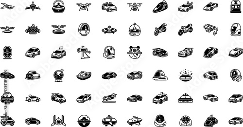 Set of black transportation featuring various futuristic vehicles, drones, and motorbikes