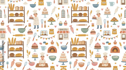 Cute Flat Baking Illustration Seamless Pattern with Bakers, Bread, and Cakes