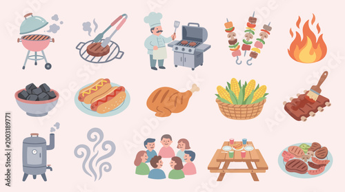Barbecue Flat Vector Icons Collection for Outdoor Summer Grilling Food and Picnic Elements