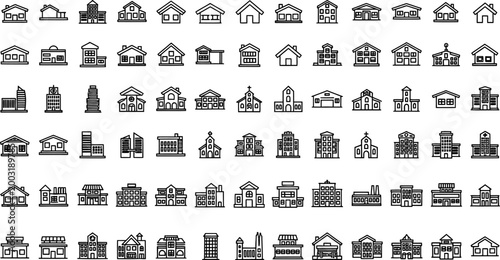 Set of black outline representing various residential houses and building types architecture