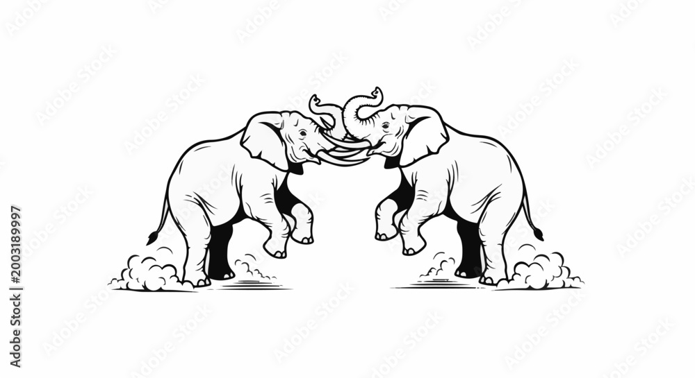 Fototapeta premium Two elephants facing each other, tusks locked, kicking up dust