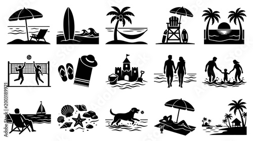 Summer Beach Vacation Travel Glyph Icons Set - Solid Black  White Silhouette Symbols