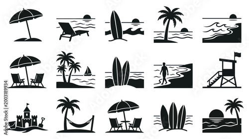 Black  White Beach  Summer Vacation Glyph Icons Set: Travel  Seaside Elements