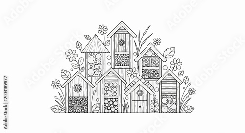 Whimsical illustration of stacked bee houses adorned with flowers and foliage