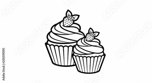 Two decorative cupcakes with swirled frosting and strawberry toppers