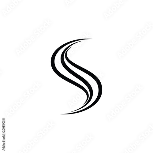 Abstract black letter s symbol formed by three parallel curved lines on white background