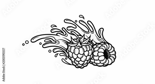 Two raspberries depicted with a dynamic splash of liquid