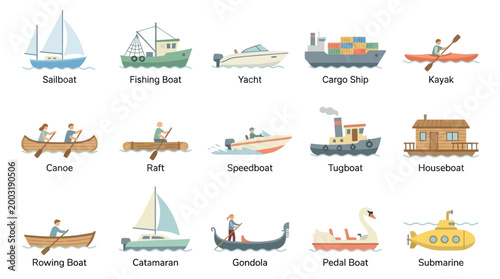 Flat Vector Icons of Various Boats and Ships for Transportation and Recreation