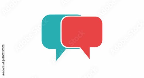 Two overlapping speech bubbles, one turquoise, one red, on white