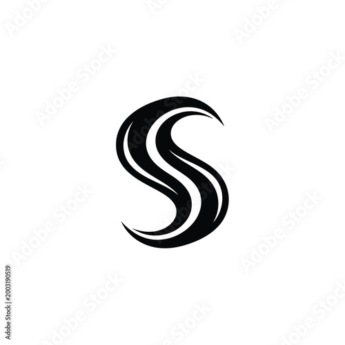 Abstract black letter s symbol with swirling fluid lines on a white background