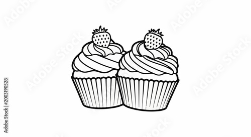 Two outlined cupcakes with swirls of frosting topped with strawberries