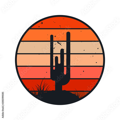 Grunge vintage sunset. Colorful striped sunrise badge in 80s and 90s style. Sun and ocean view, summer vibes, surfing. Design element for print, logo or t-shirt. Vector illustration
