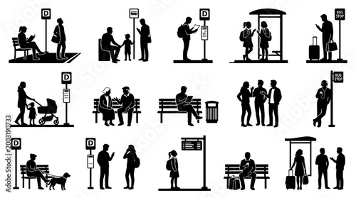 Black  White Silhouettes of People at Bus Stops, City Life, Vector Art