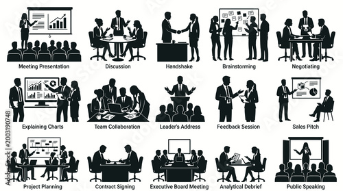 Business Meeting Icons Set: Discussion, Handshake, Brainstorming, Presentation, Negotiation