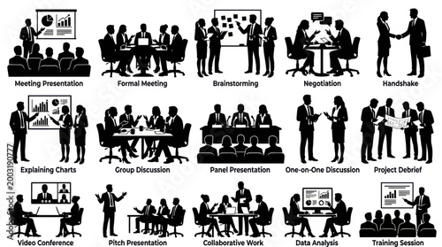 Business Meeting Icons: Silhouettes of Teamwork, Presentation, Discussion, Collaboration