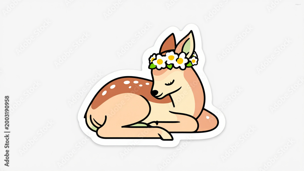 Fototapeta premium Cute Baby Deer Sticker with Flower Crown Sleeping Gracefully Vector Illustration