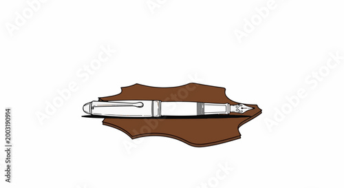 White fountain pen with ornate nib resting on a brown textured surface