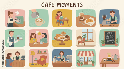 Cozy Cafe Moments: People Enjoying Coffee  Pastries, Flat Vector Illustrations