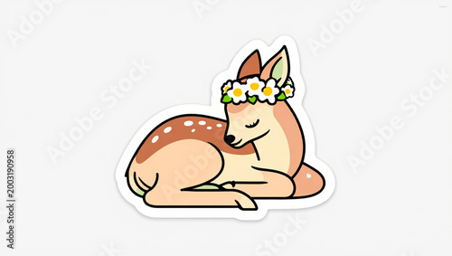 Cute Baby Deer Sticker with Flower Crown Sleeping Gracefully  Vector Illustration