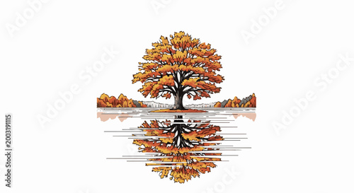 Vibrant autumn tree stands reflected in calm water, with distant hills