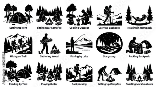 Black and White Icons of Camping Activities, Outdoor Recreation Vector Art