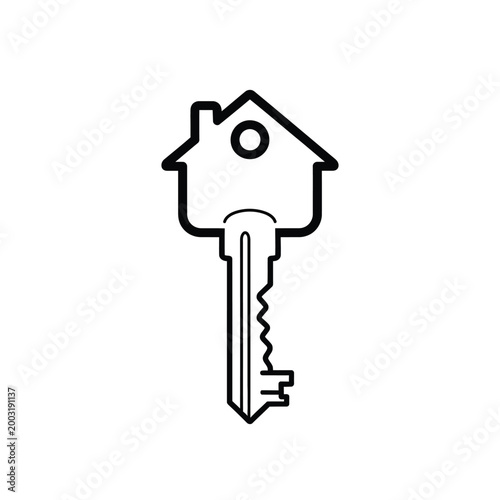 House shaped key with detailed teeth and circular hole on white background