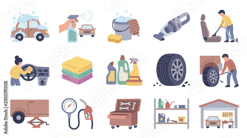 Flat Style Icons of Car Washing and Maintenance Tools and Equipment