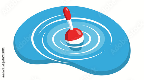 This vibrant image captures a red bobber floating on a tranquil blue water surface, symbolizing leisure, fishing, and the peacefulness of nature in a minimalist artistic style.