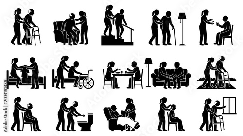 Elderly Care Icons: Home Assistance, Mobility, and Support Symbols