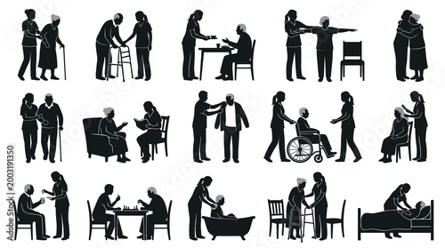 Senior Home Care Black  White Silhouette Icons: Elderly Assistance  Nursing Activities